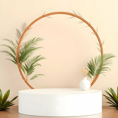 White podium with tropical foliage and circular frame