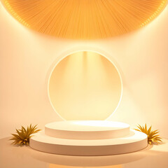 Radiant Stage With Golden Light And Plants podium display