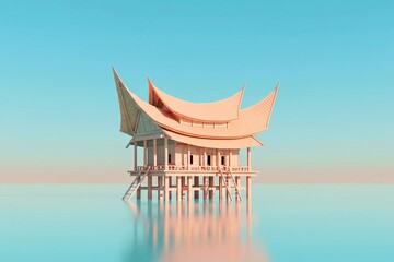 Fototapeta premium Serene Water House Illustration Pastel Colors and Calm Reflections, Tranquil Lakeside Dwelling