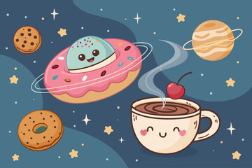 Brilliant Cute Doughnut Planet Orbiting Coffee - Bold and Striking Visual Story Ideal for Digital Ma