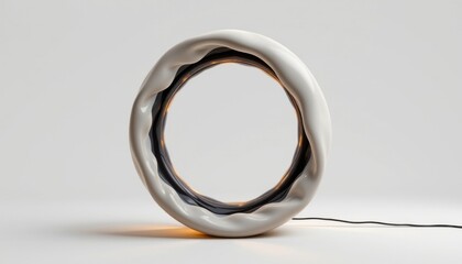 a biomorphic lamp in the form of a undulating ring, made from fluidic latex, that floats slightly above ground, isolated on pure white background, ultra high resolution, no text or branding.