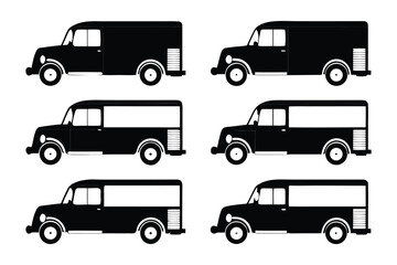 Vintage Delivery Van Silhouettes: A collection of classic delivery van silhouettes, rendered in sleek black and white, evokes nostalgia for a bygone era of transport and commerce.
