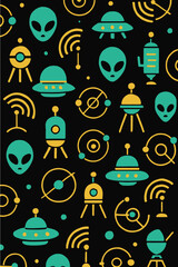 Vibrant UFOs, aliens, and satellites form a seamless, retro, cartoon-like pattern, perfect for backgrounds, textiles, and whimsical designs, all on a black background.