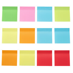 Sixteen blank sticky notes in emerald green, bubblegum pink, sky blue, fiery orange, lemon yellow, and ruby red, arranged in a 4x4 grid with curled edges, isolated on a transparent background with