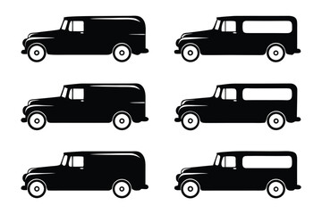 Obraz premium Classic Silhouette: Six monochrome vintage delivery vehicles, elegantly presented in a series, showcasing timeless automotive design and industrial functionality.