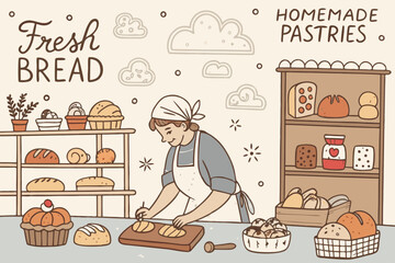 Exceptional Doodle Bakery Scene with Hand Let - Serene and Peaceful Visual Story Ideal for Marketing