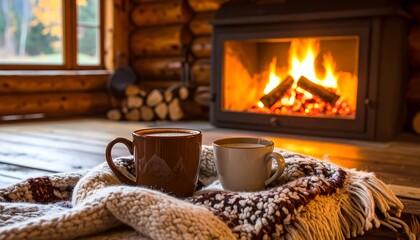 Cozy autumn scene by a fireplace with mugs of hot drinks