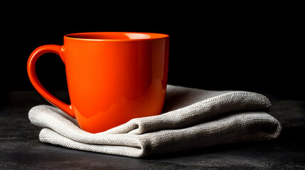 Bright orange ceramic mug placed on folded linen napkin over dark textured surface, studio lighting with moody minimal background.