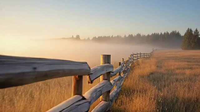 Wooden fence running through misty field at sunrise, creating idyllic countryside scene