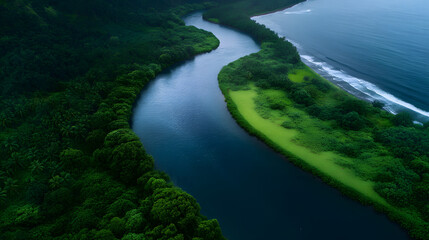 River Meets Ocean: A serene aerial view captures the meeting point of a winding river and the vast ocean, with vibrant greenery and the rhythmic sound of nature surrounding it.