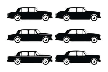 Classic Black Car Silhouette Set:  A set of sleek, classic black car silhouettes. Each car embodies timeless elegance and sophistication, perfect for conveying notions of transportation.