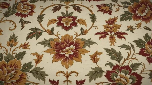 Floral pattern wallpaper with red gold and green flowers and leaves