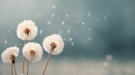 Dandelions in the wind across a sunny open meadow