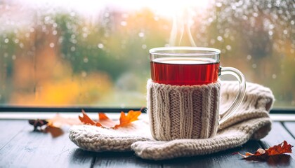 Cozy autumn tea by window
