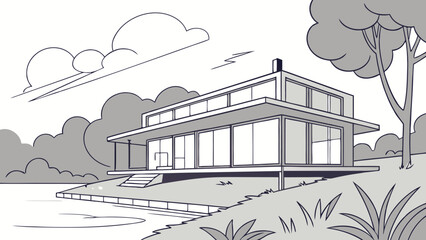Illustration of a modern house with large windows near a lake and trees with clouds in the background