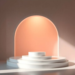 Minimalist white podium with arched peach backdrop