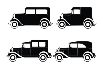 Classic Vintage Cars: A stylish collection of vintage cars in a monochromatic silhouette, exuding timeless elegance and nostalgia. The various designs showcase the evolution of automotive design.
