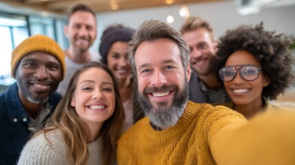 Obraz premium A large group of diverse people smiling and posing for a selfie in an indoor office environment