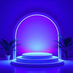 Futuristic stage with plants podium purple