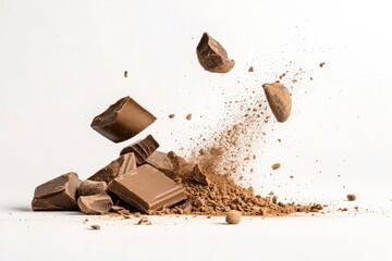 A high-speed capture of cocoa beans erupting from a pile of melting chocolate chunks