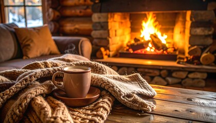 Cozy cabin living room, warm fire, coffee