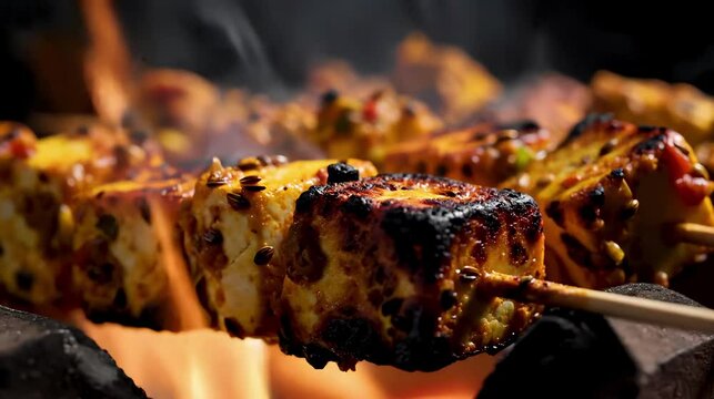 Sizzling paneer tikka skewers grilling over open flames, a delicious and fiery Indian appetizer cooking for a barbecue.