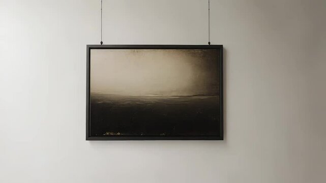 Modern art gallery showing abstract painting with bench and large window