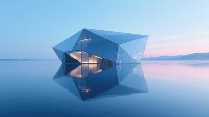A geometric - shaped building floats on the water. The glass exterior wall blends with light and shadow, backed by mountains and waters, creating a sense of futurism and natural harmony.
