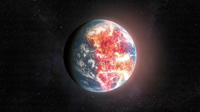A dramatic and intense visual of planet Earth engulfed in flames, depicting a global apocalypse or planetary destruction in outer space. This concept illustrates themes of climate crisis, end of the w