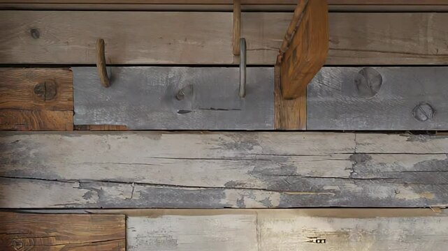 Brown sofa in front of rustic wooden wall with metal hooks