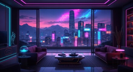 Futuristic Neon City Skyline View From Modern Living Room with Large Windows