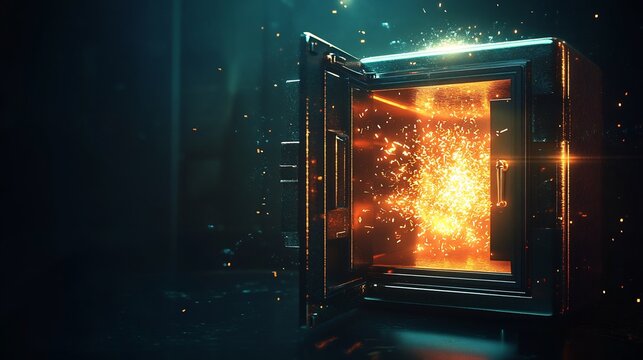 Symbolic image of open safe glowing light which floating idea burst out representing unlocking of innovation environment sleek glowing accent high tech element High detail ultra detailed 8K resolution
