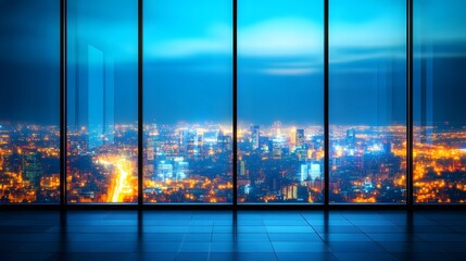 Cityscape viewed through large windows at night.