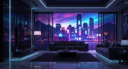 Modern Luxury Apartment Living Room with City Skyline View in Neon Lights
