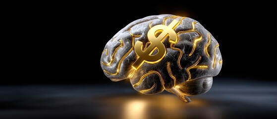 A digital brain with glowing neural pathways and a golden dollar sign, symbolizing the connection between intellect and financial success.