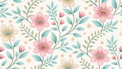 Obraz premium Seamless floral pattern with pink and beige flowers and teal leaves