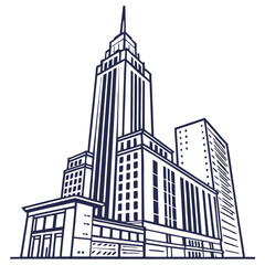 Obraz premium Illustration of a tall skyscraper with multiple buildings and a spire on top in black and white style