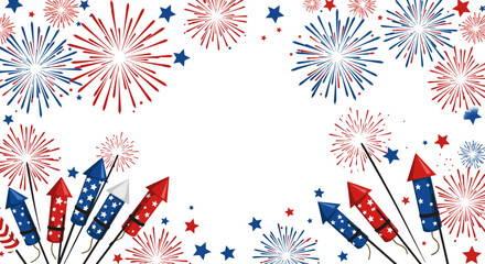 Fototapeta premium Patriotic celebration background with fireworks and rockets illustration