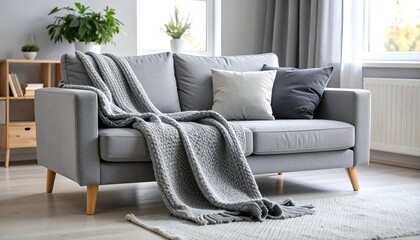 Cozy gray couch with knitted blanket