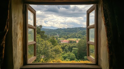 An old wooden window opens to lush green hills under a cloudy sky. Use this for escape, travel, or nature themed concepts visually.