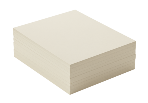 Neatly folded stack of blank, light beige paper sheets with smooth matte texture and crisp edges, precisely aligned, isolated on a seamless transparent background with shadowless studio lighting,
