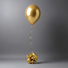 golden party balloons with ribbon on gray background