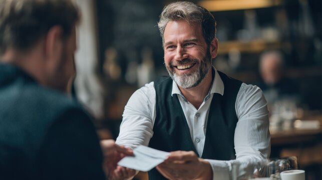 Smiling waiter handing receipt to customer at modern café table, relaxed hospitality mood