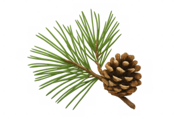 Realistic illustration of a pine cone and needles attached to a pine branch, isolated on a transparent background