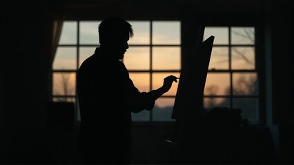 Silhouette of artist painting on canvas in front of window during sunset creating a dark scene