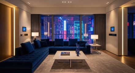 Modern Living Room with City View Large Windows Elegant Dark Blue Sofa Cozy Atmosphere