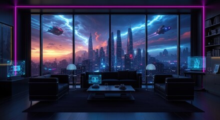Futuristic Cyberpunk Living Room with Large Window Showing City Skyline and Flying Vehicles