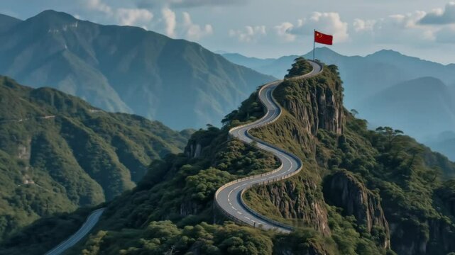 The winding road up the mountain symbolizes the challenging journey towards success and ambitious goals, with the Chinese flag flying at the top of the mountain. 4k video