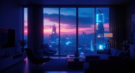 Modern Living Room with Floor to Ceiling Windows City Skyline at Night