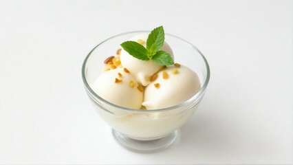 Ice cream scoops in a glass bowl topped with mint leaves and nuts on a white surface view from above